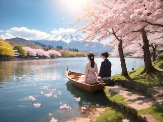 Foto op Canvas  Gorgeous panoramic spring scenery with falling cherry blossoms beside a lake, there is a wooden boat on which two lovers have their backs to the camera © DiptArt