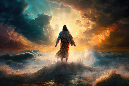 The figure of Jesus walks on water on a beautiful dramatic sunset background created with Generative AI technology