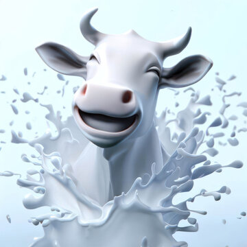 3D Ai Render of A Happy Cow Jumping in Milk Splash