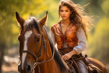 Foto op Canvas A woman rides a horse. © YULIYA