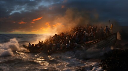 Boat of immigrants shipwrecked on the shores of the Mediterranean