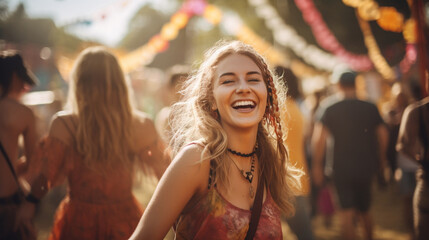 Fototapeta na wymiar care less teen girl smiling and dancing at the festival in day time