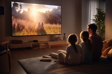 a family sitting in front of a huge flat screen television in the living-room in the evening watching a movie spending leisure time together