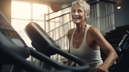 Fototapeta na wymiar portrait of a mature senior woman at gym looking at camera in a fitness center or a gym