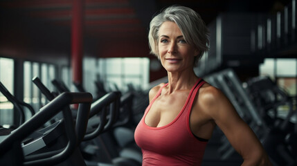 Fototapeta na wymiar portrait of a mature senior woman at gym looking at camera in a fitness center or a gym