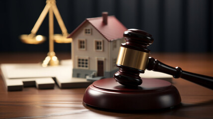 Close-up of judge's gavel, sound block, and small wooden toy house on courtroom table in court. Concept of real estate law, partition of property, Real Estate Property Auction