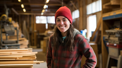 happy female carpenter looking at camera wearing protective ware, female craft worker in woodworking furniture workshop, woman in carpentry shop