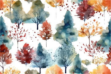 watercolor set vector illustration of autumn tree isolate on white background