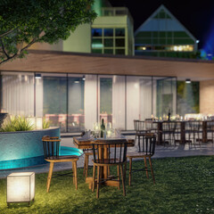 Visualization of an Modern Exterior Restaurant Area Composed Inside a Historical City Center (Detail) -  3D Visualization