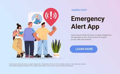 people using smartphone with exclamation alarm caution warning notification mark on screen emergency alert concept