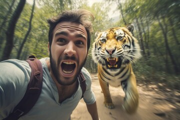 Man running away from scary tiger in nature. Generative AI - Powered by Adobe