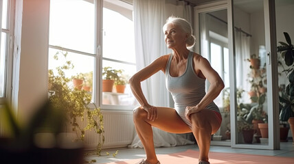 active woman in her 60s working out and doing some squats at home