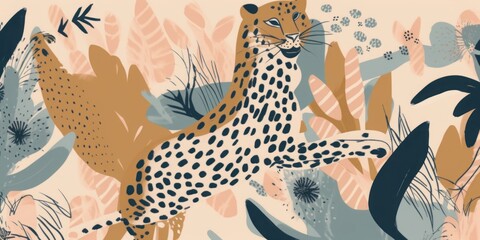 Hand drawn exotic abstract print with leopards. Bohemian style collage contemporary seamless pattern. Fashionable template for design, Generative AI