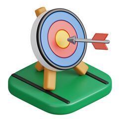 Archery target and an arrow hitting the center isolated. Sports, fitness and game symbol icon. 3d Render illustration.