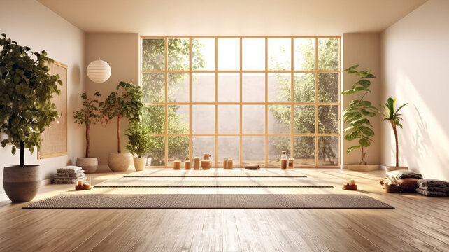 Empty yoga studio interior design, open space with mats, pillows and accessories, parquet, patio house, inner garden with tree and pebbles, meditation room