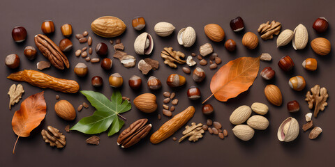 Mix of different kinds of nuts. Top view, flat lay. Copy space. Healthy food composition.Generative ai