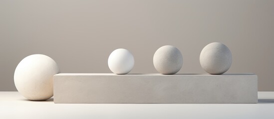 gray stone cubes in a row, with a white sphere in between them. The background is beige, and empty space for copying. This minimal abstract arrangement features natural geometric elements.