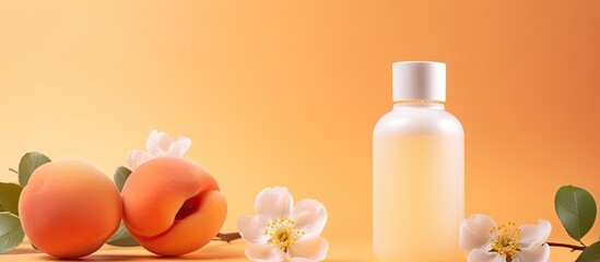Obraz na płótnie Canvas The brightening cream, body lotion, and facial foam are natural cosmetic beauty products that come in a glass bottle with either serum or oil. The mock-up shows the bottle alongside fresh apricots