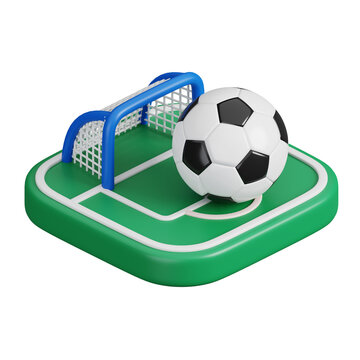 Ball with net on soccer football field isolated. Sports, fitness and game symbol icon. 3d Render illustration.