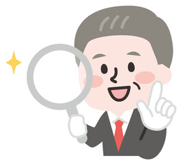 虫メガネを持つ査定スタッフのシニア男性 