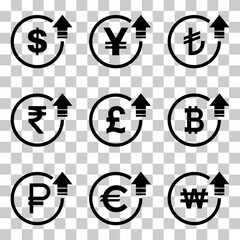 Cost symbol dollar euro increase icon. Income vector symbol image isolated on background