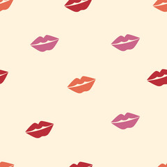 Lips pattern. Vector seamless pattern with woman's red purple and peach color kissing flat lips. Isolated on white.