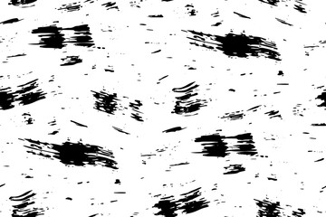 Seamless pattern with black brush strokes, paint and ink blots on a white background. Abstract graphic design, repeat texture with paint strokes in grunge style. Vector illustration in two colors.