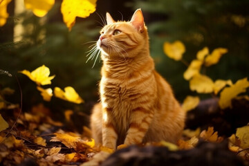 Naklejka na ściany i meble The noble stance of the yellow cat in the forest, aesthetic look