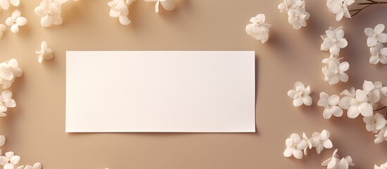 Printed on a beige pastel background, this minimal business brand template features a mockup with a blank paper business card, white small flowers, and trendy shadow and sunlight effects. The flat