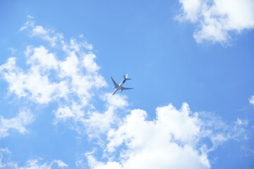 Fototapeta na wymiar AIRPLANE FLYING IN THE CLEAR BLUE SKY