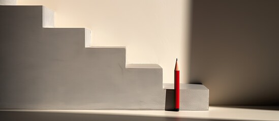 red pencil on a wall with a shadow resembling a staircase. about the effort required for a business to be successful. The staircase leads to a light in the background.