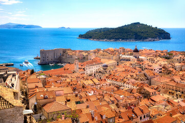 View of the Old City of Dubrovnik, Croatia, with the Island Lokrum and Dubrovnik Cathedral