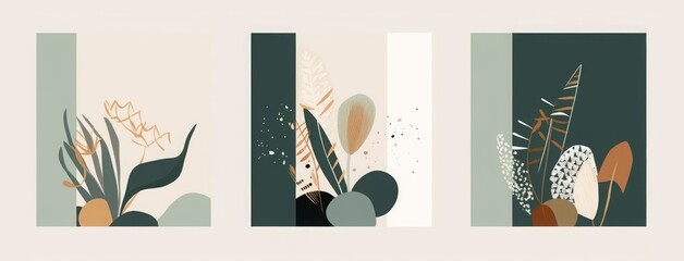 Modern abstract collage with plants. Contemporary wall decor. Collection of creative artistic posters, Generative AI