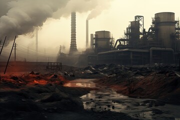 Industrial landscape with smokestack. 3D render. Abandoned industrial area in the smoke and smog. Disaster concept, AI Generated
