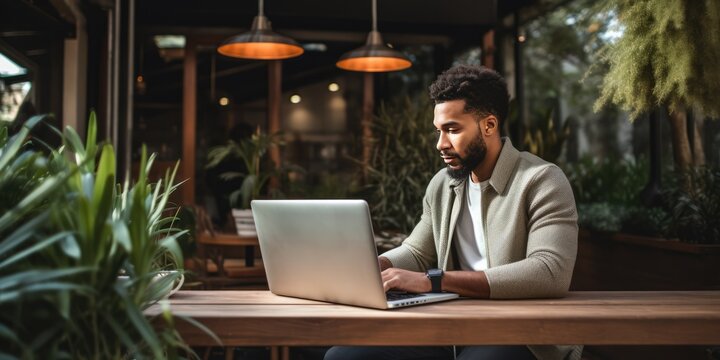 Young African-american Man Use Laptop Sitting At Wooden Table Of Modern Coffee Shop. Male Student Work On Computer Touch Pad At Cafe. Freelance, Generative Ai