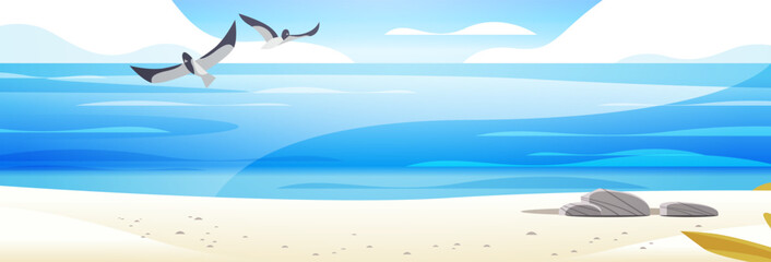 Fototapeta na wymiar seagulls flying over sea beach seaside view ocean holiday travel concept horizontal