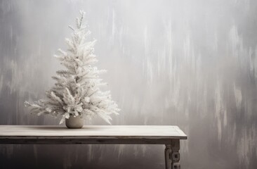 White wood table top and a bright room with christmas tree