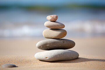 Fototapeta na wymiar Three stacked stones on raked sand, aesthetic look