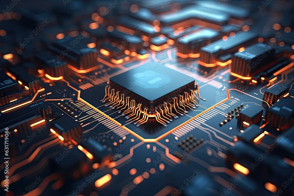 Poster computer processor with microcircuits. 3d rendering, toned image, abstract technology background wit