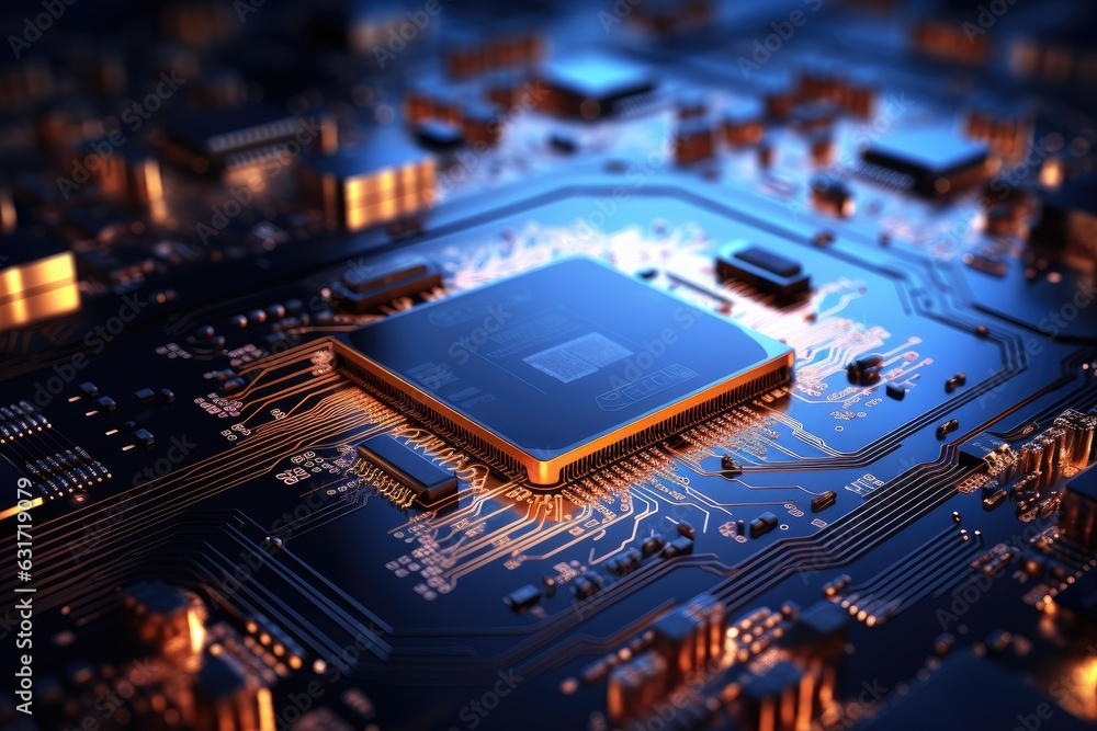 Poster closeup of electronic circuit board with processor. abstract technology background with circuit boar