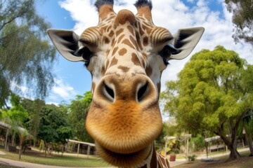 Obraz premium Head of a giraffe on a green field with trees around