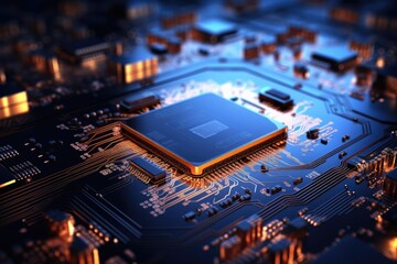 Closeup of electronic circuit board with processor. Abstract technology background with circuit board. Artificial intelligence concept. 3D Rendering, AI Generated