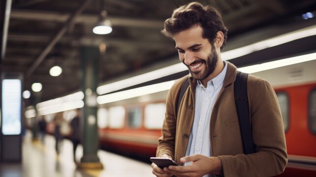Happy young man with smartphone in subway