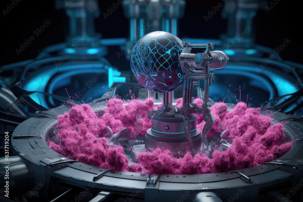Poster 3d rendering of a futuristic background with an abstract sphere in the center, advanced nanorobot sk