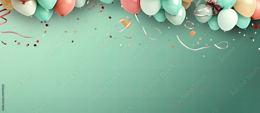 Aufkleber a background image that features birthday balloons, confetti, and ribbons on a pastel green backgrou