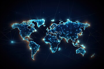 Abstract world map with glowing lines and dots on dark background. Abstract world network connection on a glowing world map, Black background, AI Generated