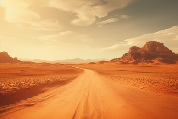 Fototapeta na wymiar Desert road in the Sahara desert, Egypt. Vintage style. Adventure desert road explore vibe, AI Generated