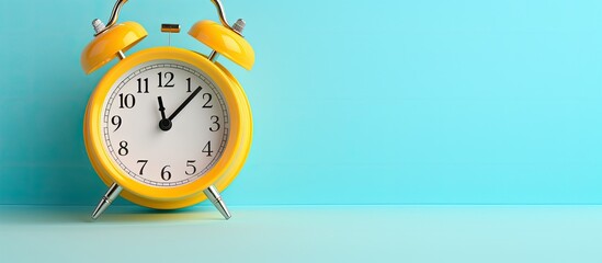 The retro alarm clock sits on a two-tone yellow and light blue backdrop.