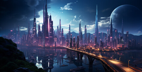 3D rendering of a fantasy alien planet Futuristic city. Generative Ai content