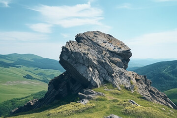 Top of a hill, View of big rock on top of mountain, Summer hiking, aesthetic look